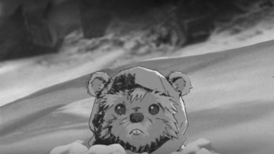 An Ewok poking his head out of the snow in Star Wars: Visions season 3