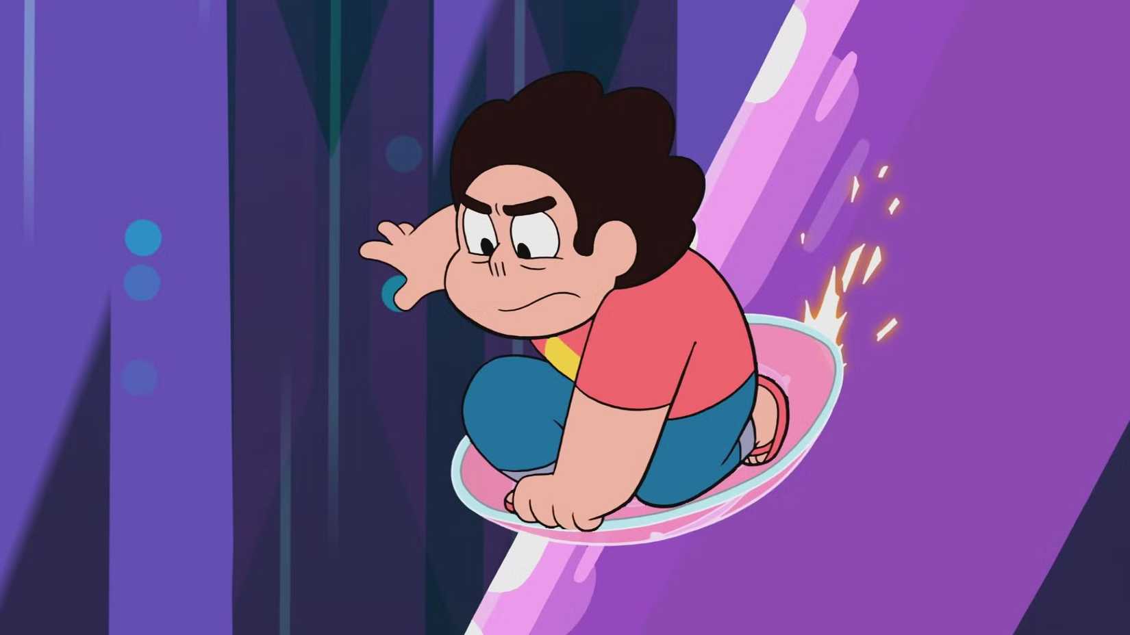 Steven sledding down a pink slope looking fierce in Steven Universe