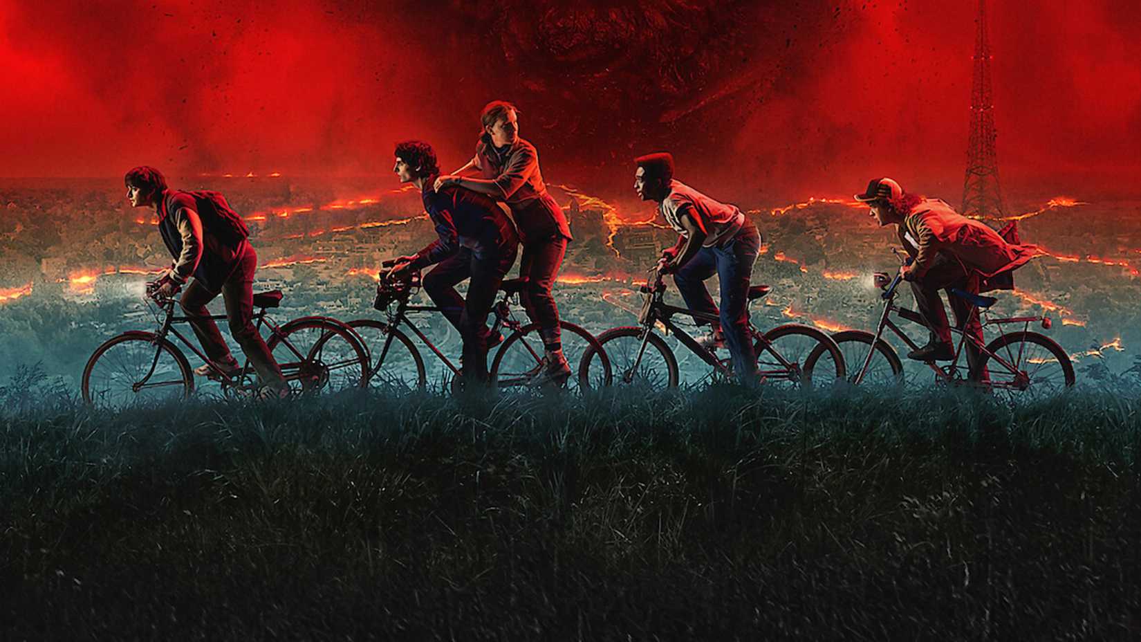 As crianças andando de bicicleta no pôster de Stranger Things temporada 5 (2025)