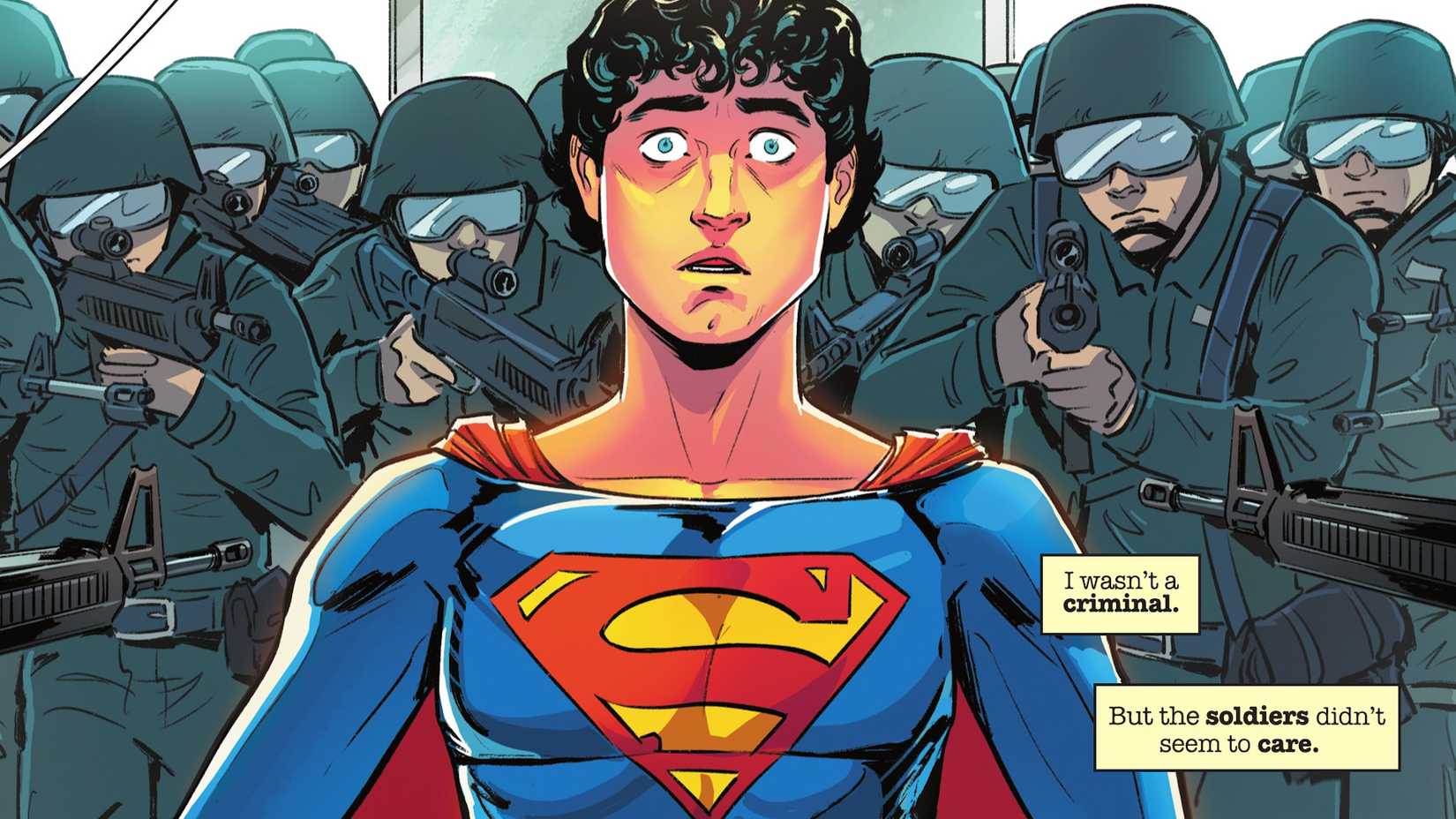 Superman's New Costume Makes Him An Official U.S. Soldier Superboy Arrested By US Soldiers in Comic Art