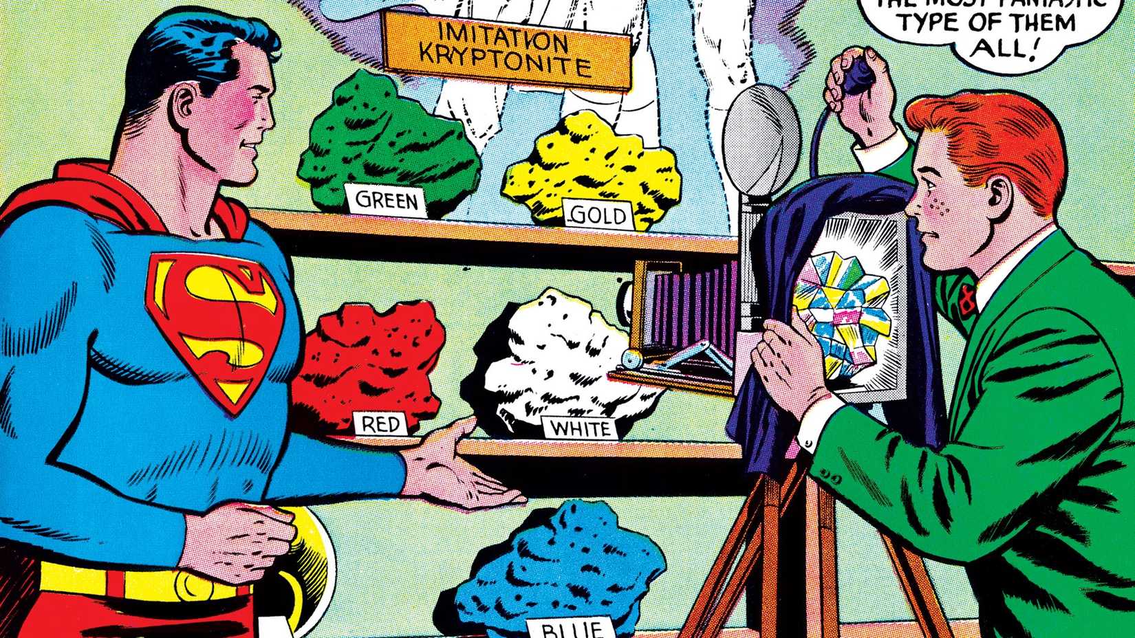 Arte em quadrinhos em cores de Superman e Jimmy Kryptonita