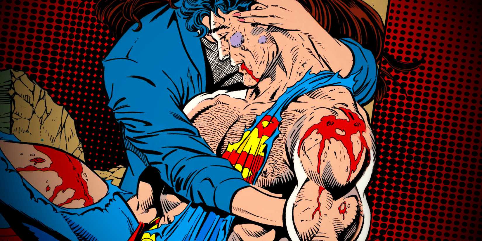 Superman morrendo ensanguentado na arte de The Death of Superman