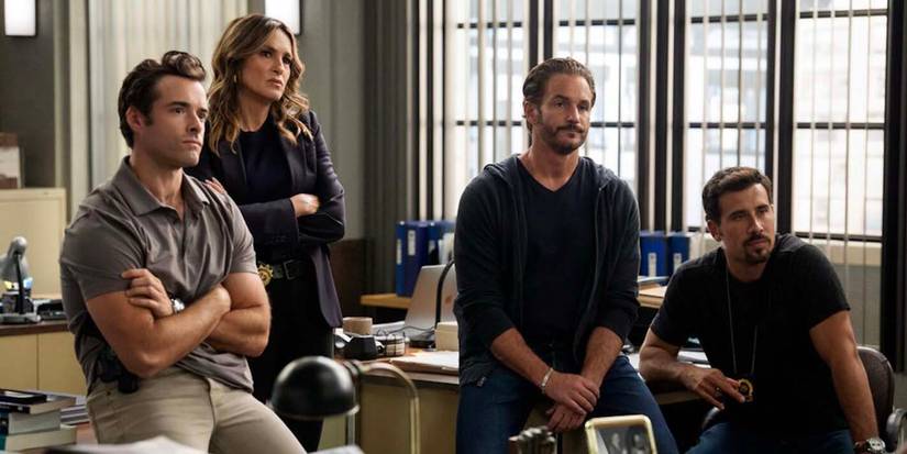 Griffin. Benson, Bruno, and Velasco looking straight ahead in Law & Order SVU season 27 episode 2