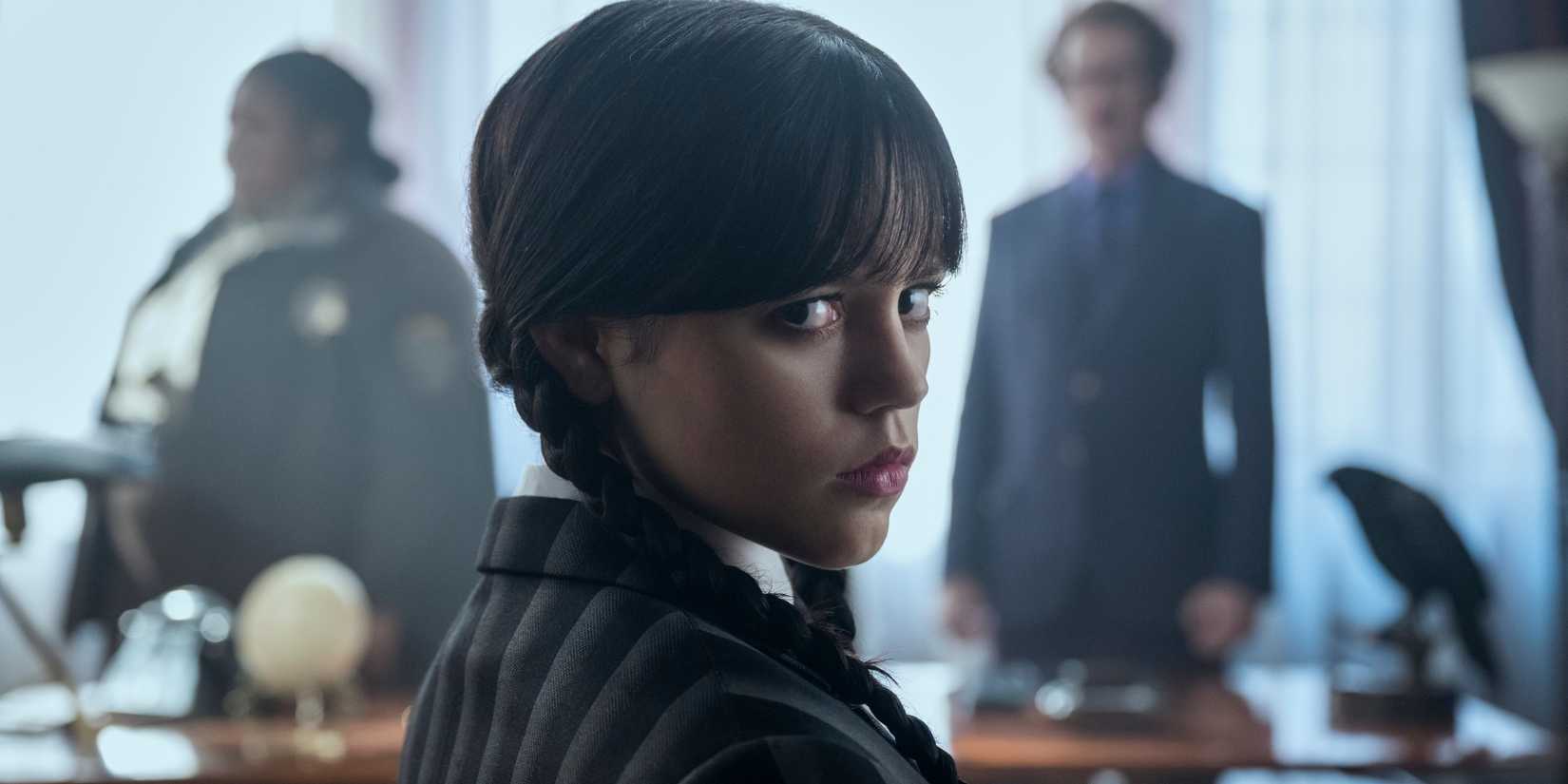 Wednesday Addams (Jenna Ortega) looking to the side in Wednesday season 2