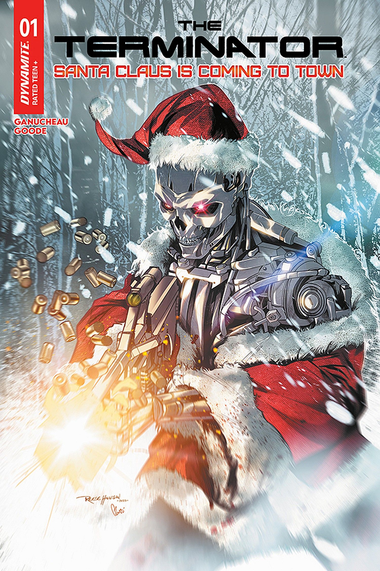 Terminator: Santa Claus is Coming to Town #1, un T800 vestito da Babbo Natale mentre spara con armi automatiche
