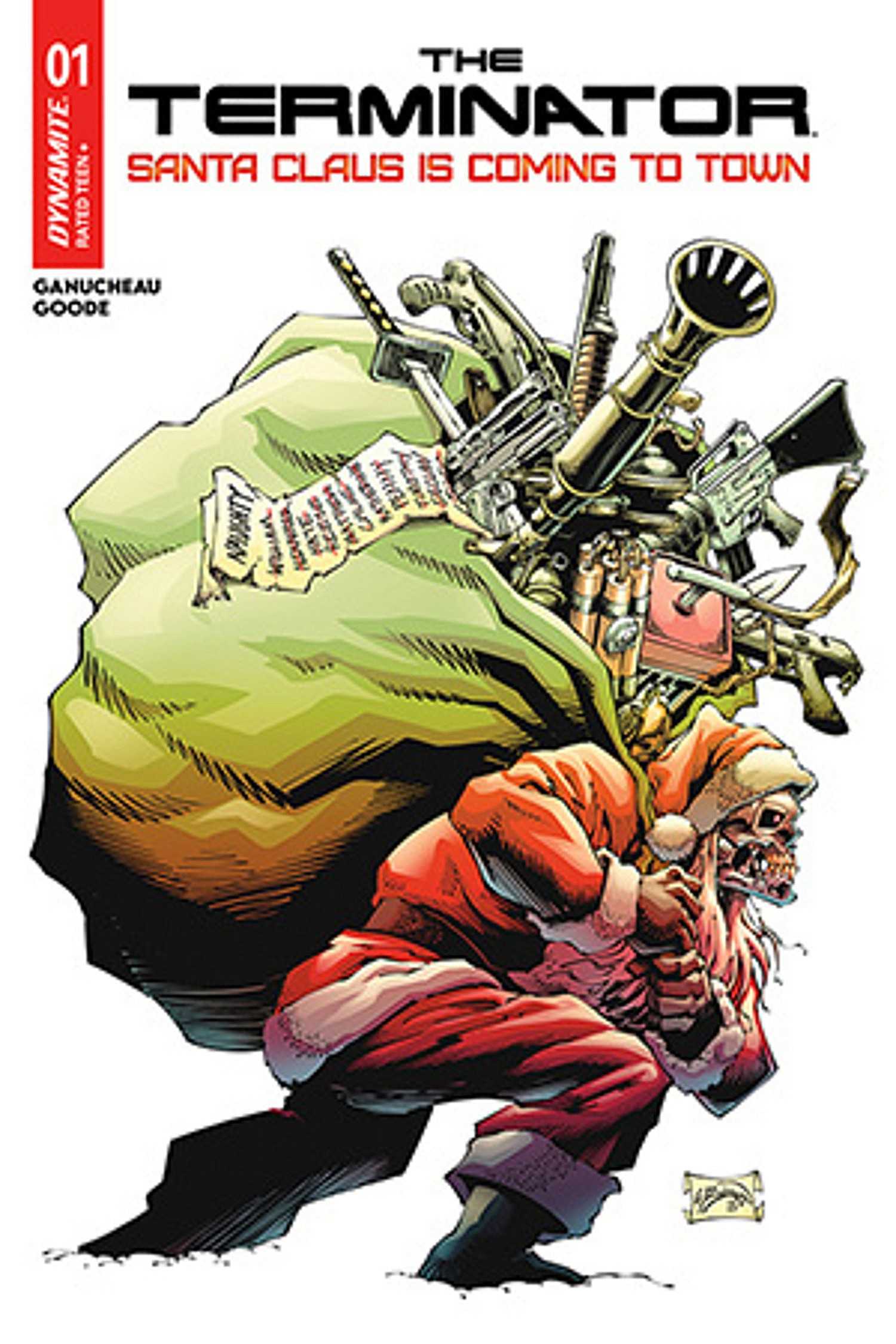 Terminator Santa Claus is Coming to Town cover, a T800 dressed as Santa hauling presents