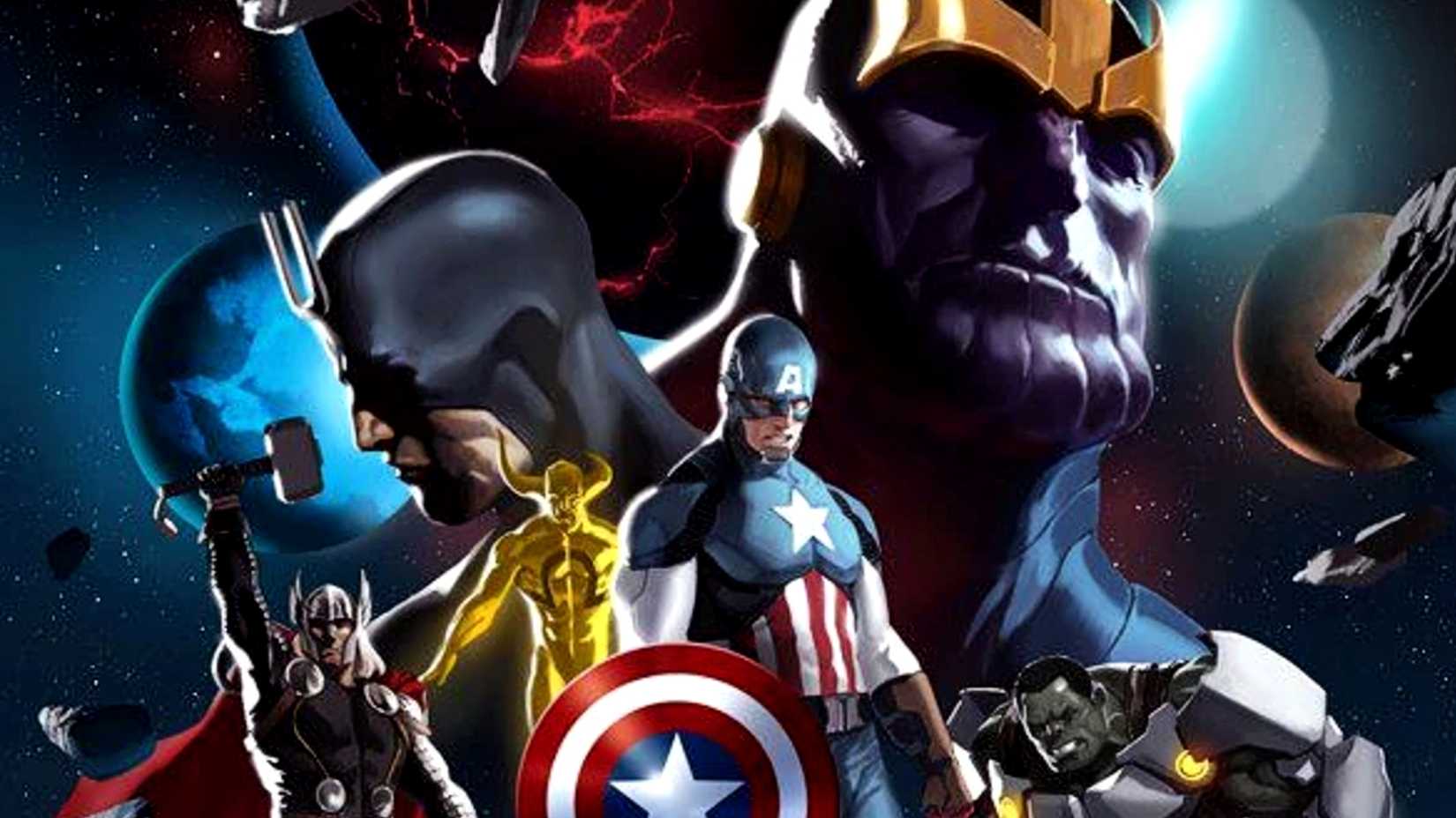 Thanos, Black Bolt, Captain America et les Avengers se tiennent sombrement dans l'espace dans Infinity Marvel Cover