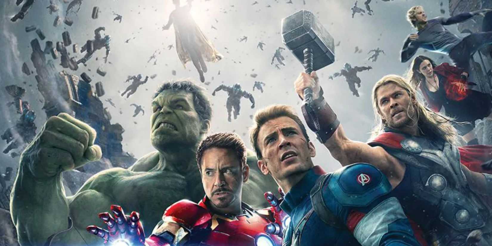 The Avengers from Age of Ultron, Iron Man, Hulk, Cap, and Thor, with others behind them.