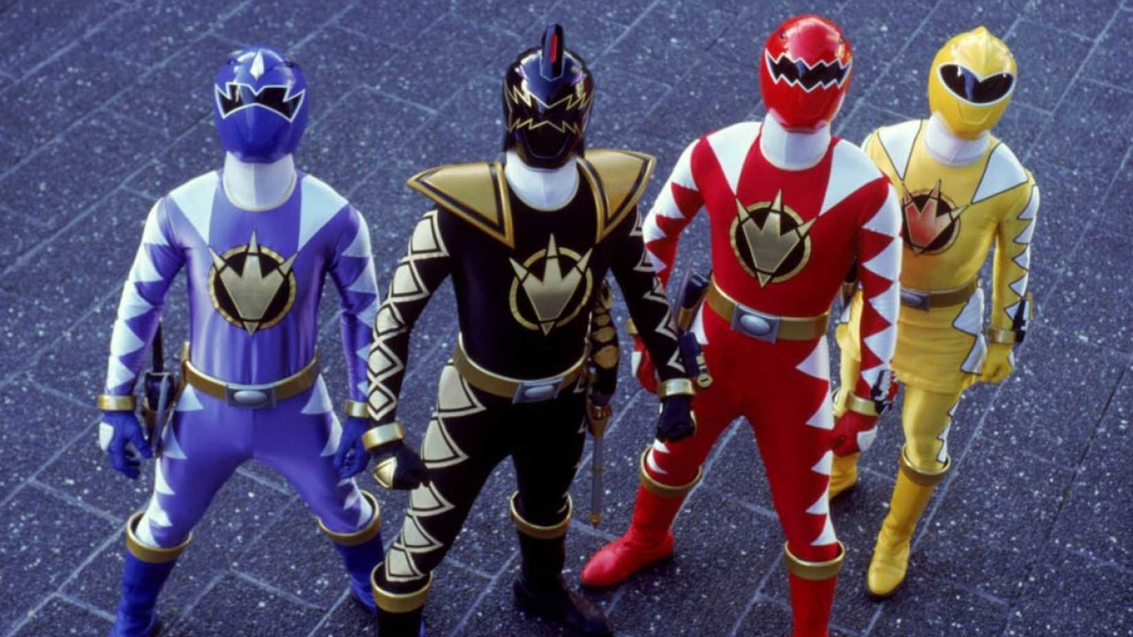 Os Rangers Azul, Preto, Vermelho e Amarelo em Power Rangers Dino Thunder
