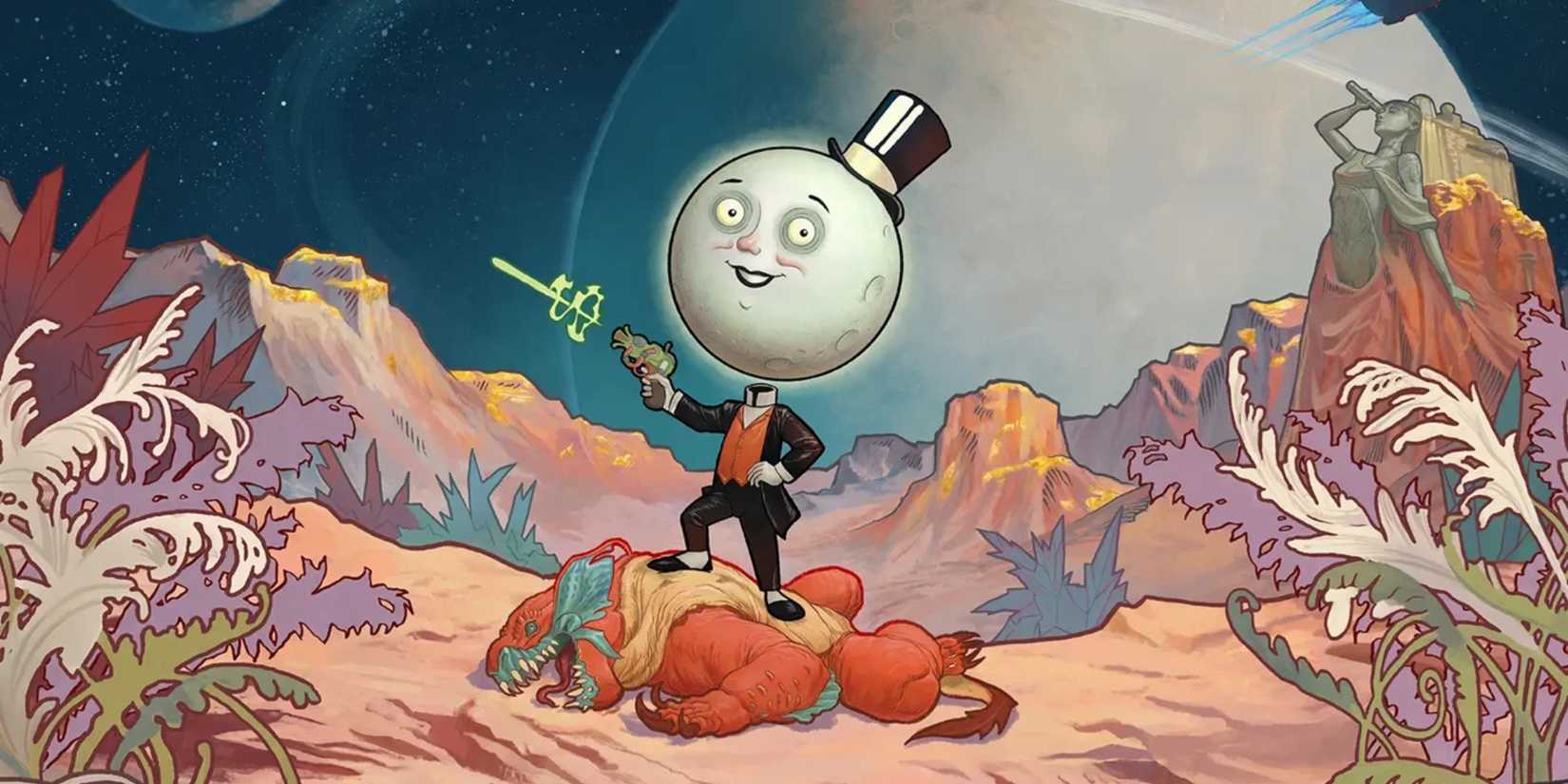 A character from The Outer Worlds 2 stands on its prey while firing a laser gun.