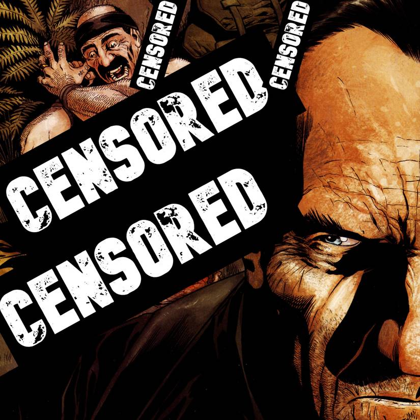 The Punisher with a man screaming behind him with CENSORED bars covering the gore.