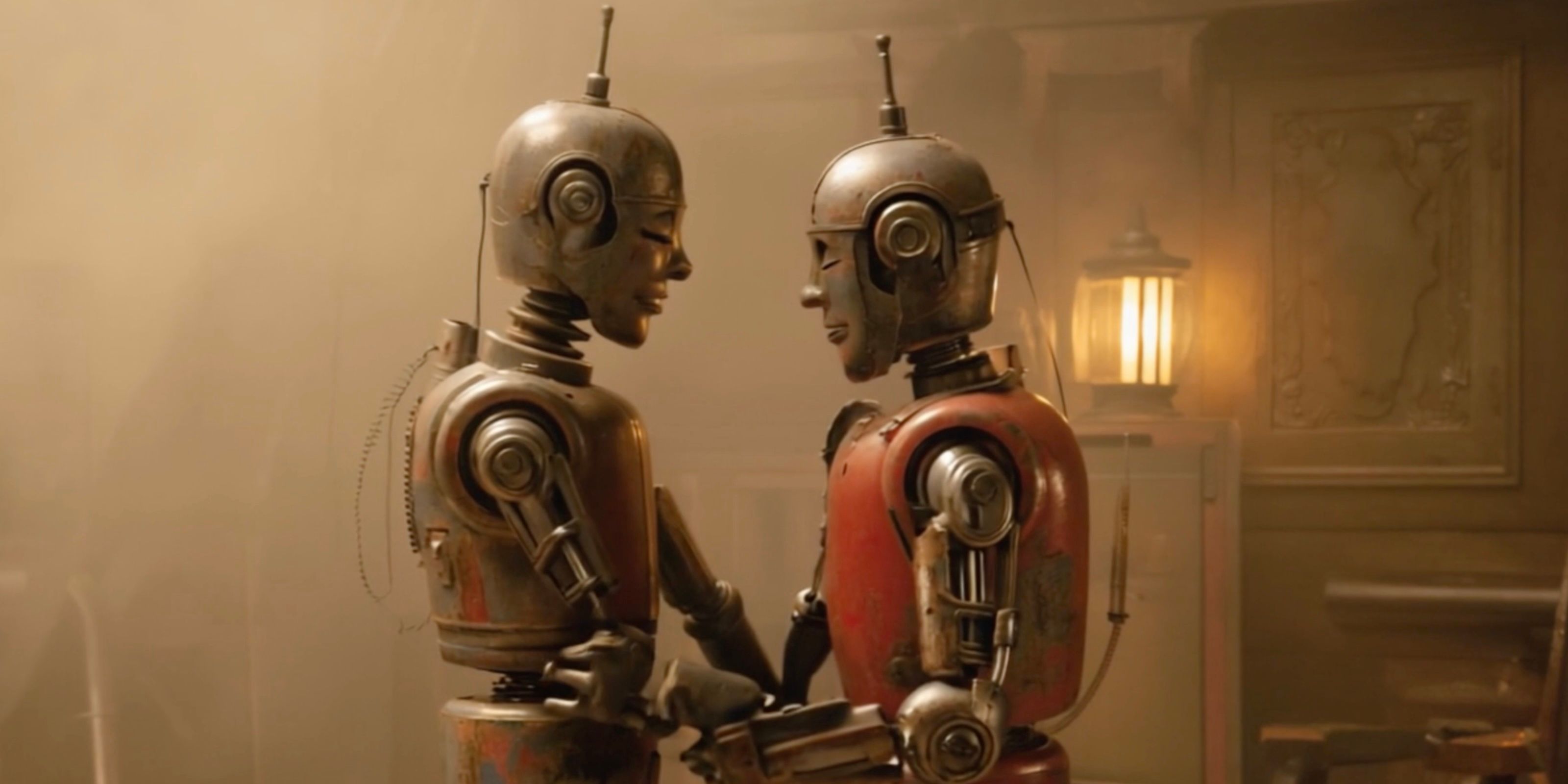 Due robot che si abbracciano in un film futuristico