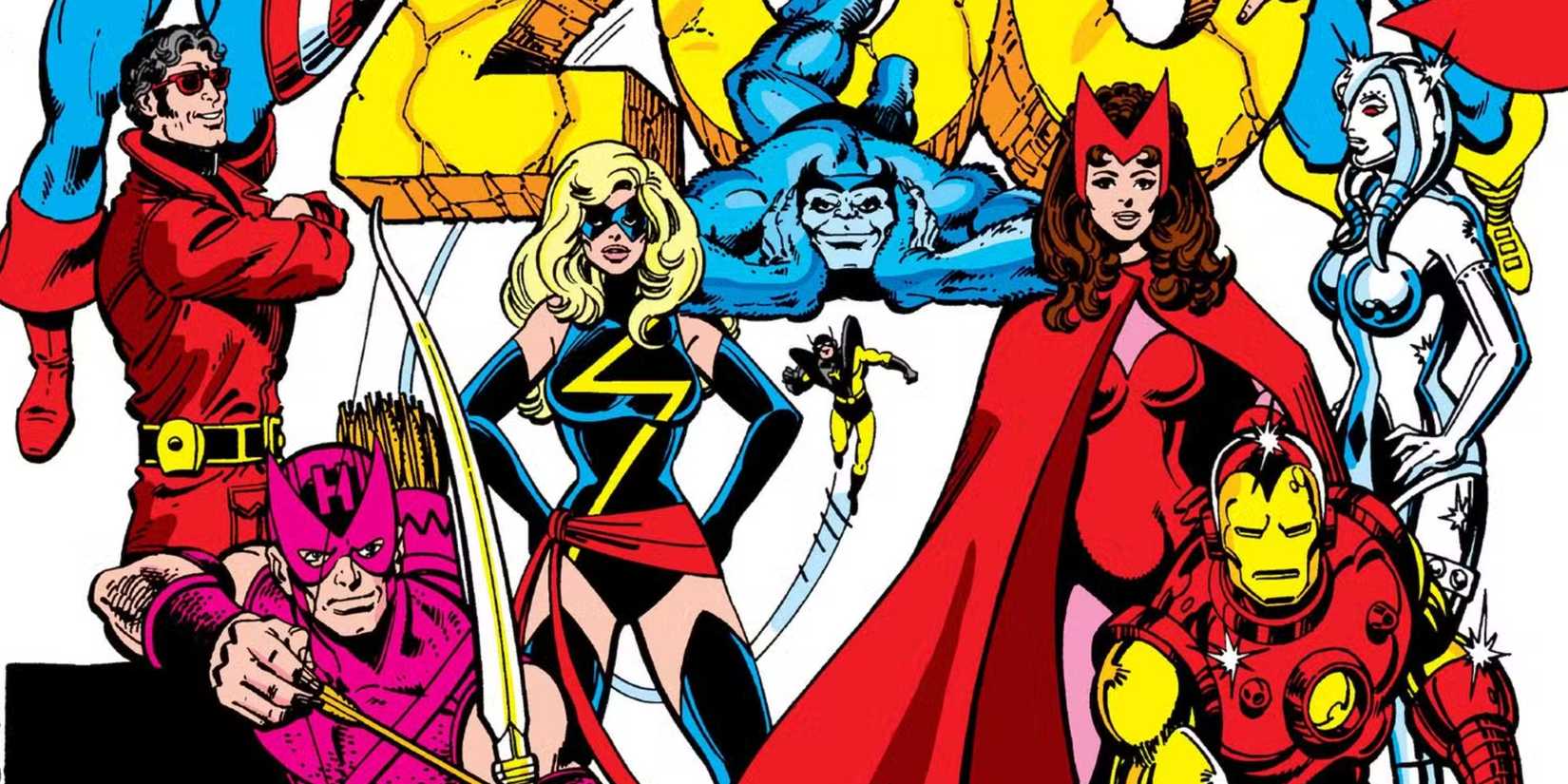 The team poses for a photo on a white background in Avengers #200