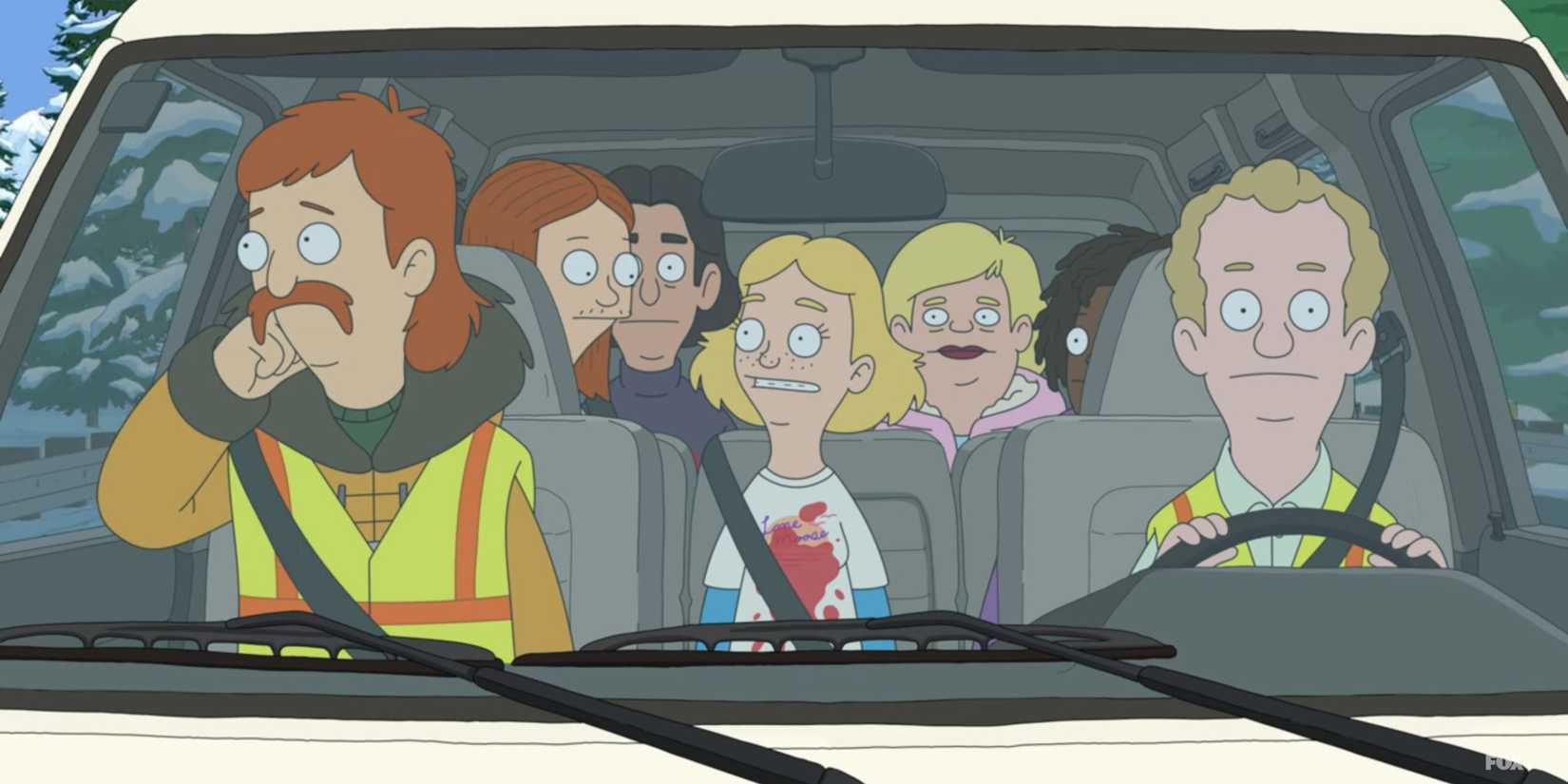 The Tobin family and friends in a car together, Wolf stares sadly out the window in The Great North