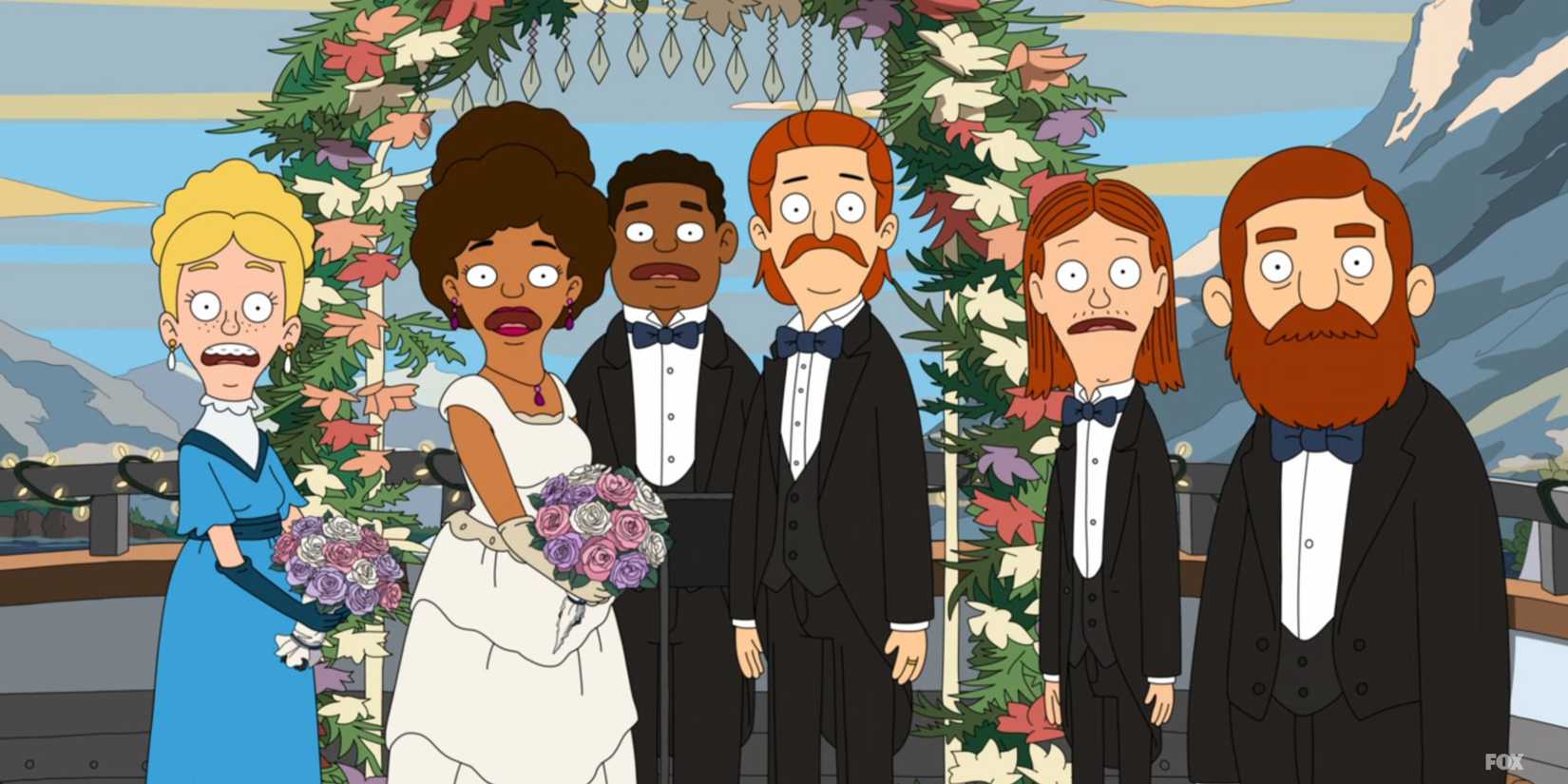 The Tobin family. shocked, at Wolf and Honeybee's wedding in The Great North