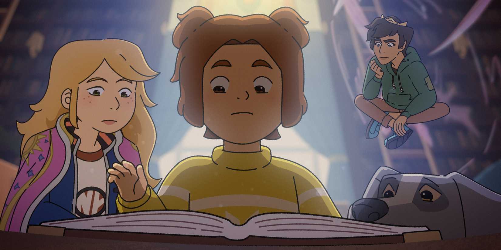 Sabrina, Daphne, and Puck looking at a book in The Sisters Grimm