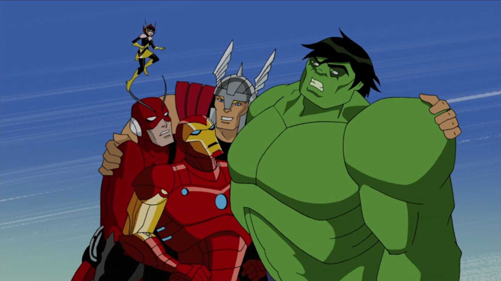 Thor abraça desajeitadamente a equipe dos Vingadores em Vingadores: Os Super-Heróis Mais Poderosos da Terra