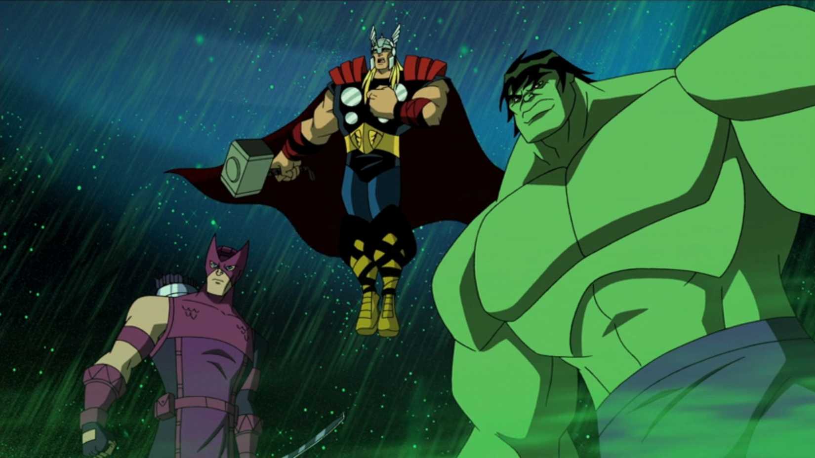 Thor, Gavião Arqueiro e Hulk em Vingadores: Os Super-Heróis Mais Poderosos da Terra