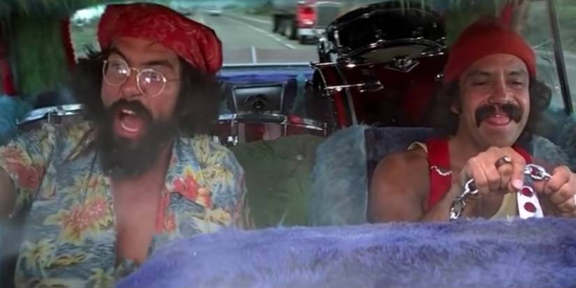 The Man and Pedro driving, looking panicked after smoking, in Cheech & Chong's Up in Smoke.