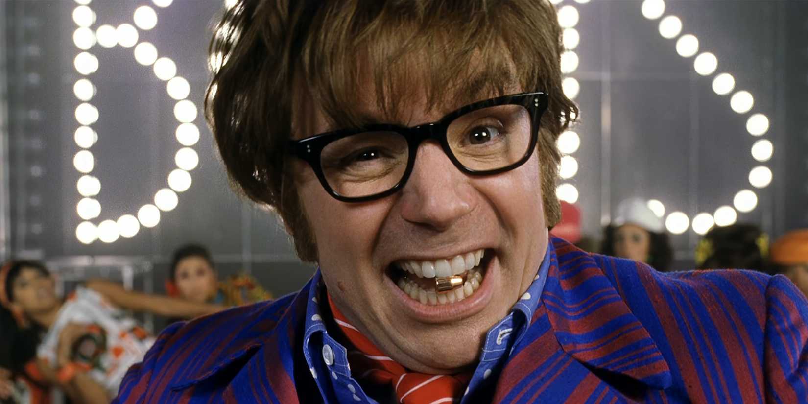 Austin Powers smiling with a bullet between his teeth after having a dance-off with Britney Spears in Austin Powers in Goldmember.