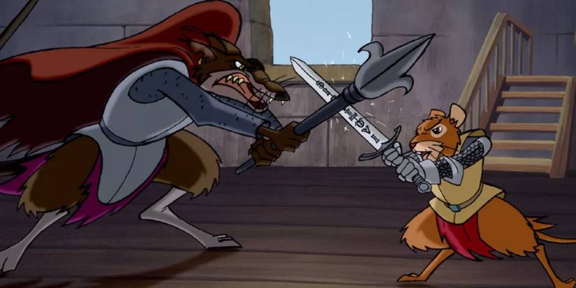 A mouse fighting a rat in Redwall