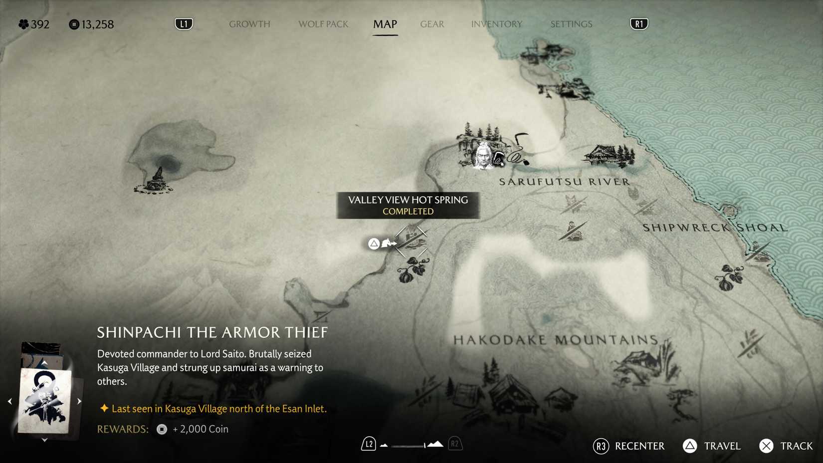 Map screen showing the location of Valley View Hot Spring in Ghost of Yotei.