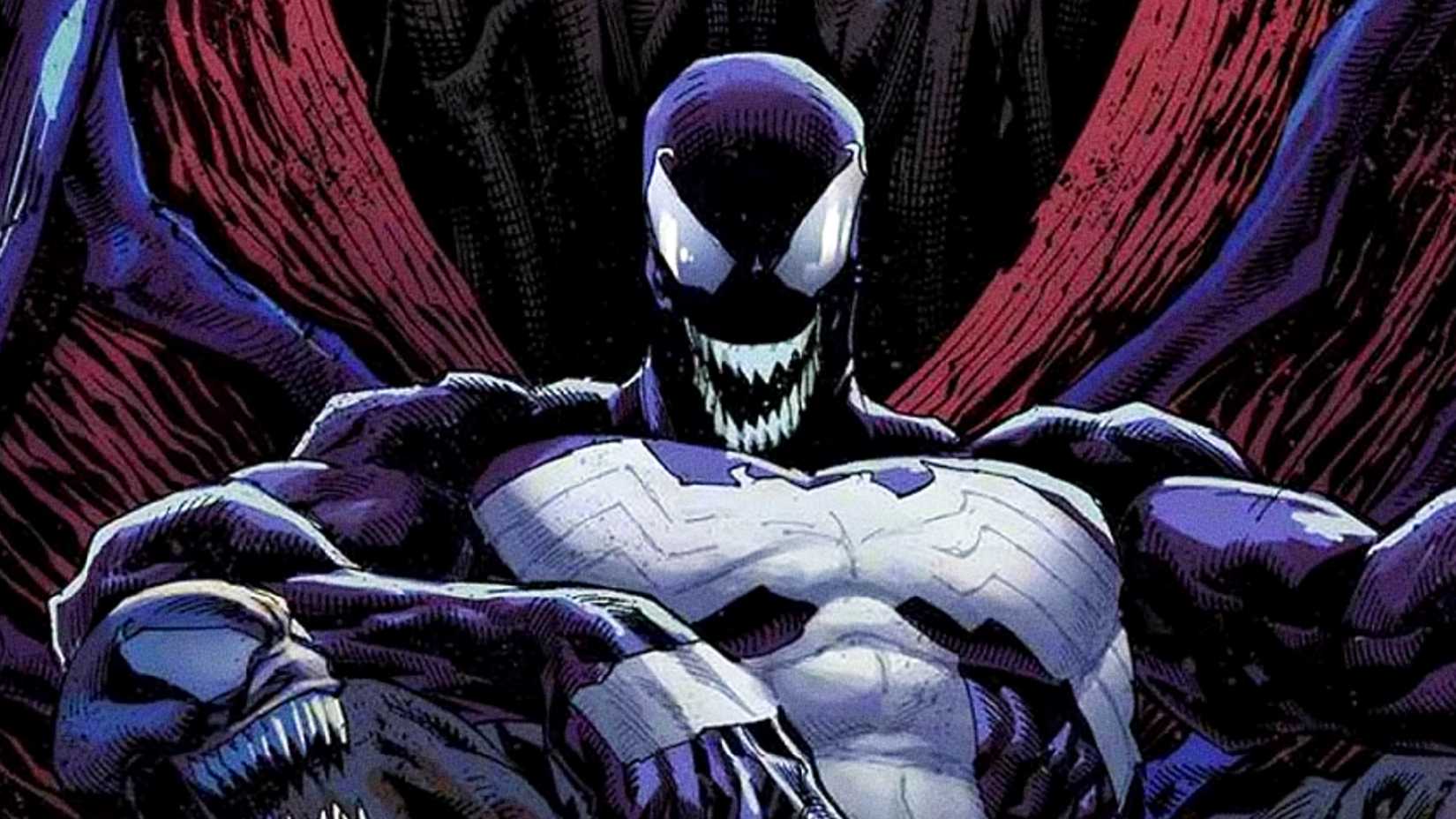 Venom sits on Knull's throne in King in Black comic cover
