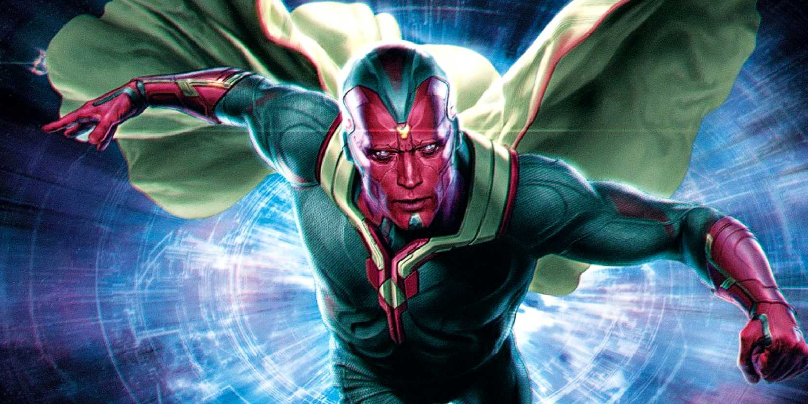 Vision flies through a blue beam in Avengers Age of Ultron