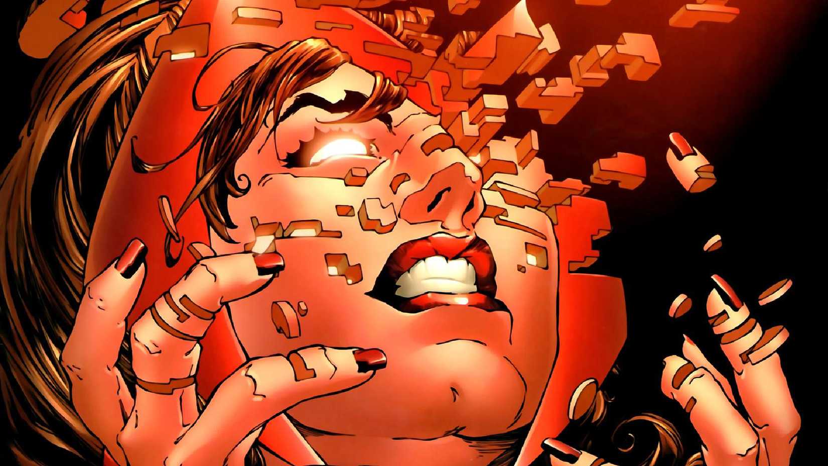 Wanda Maximoff aka Scarlet Witch makes a pained expression as she disintegrates into cubes in House of M comic cover
