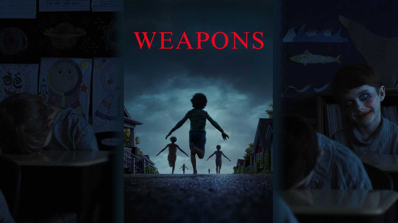 Pôster do filme Weapons com uma criança sinistra ao fundo.