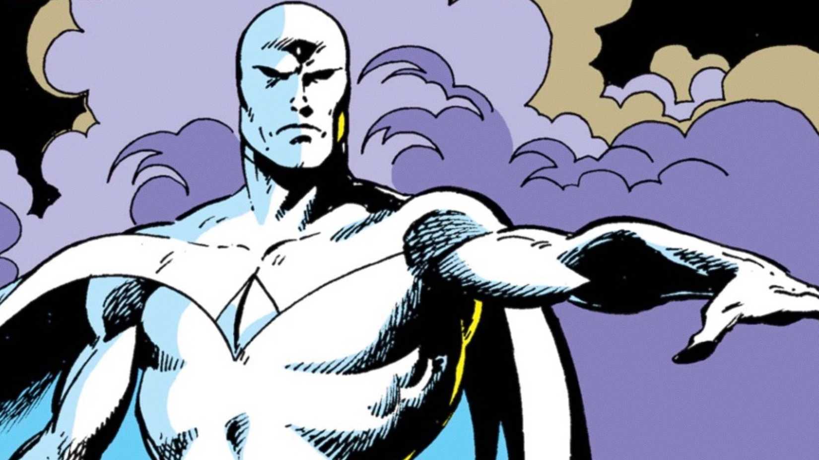 White Vision stands in a cloud of smoke in The West Coast Avengers Vision Quest comic cover