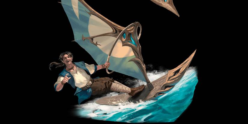 A character sailing in a Windskiff in D&D