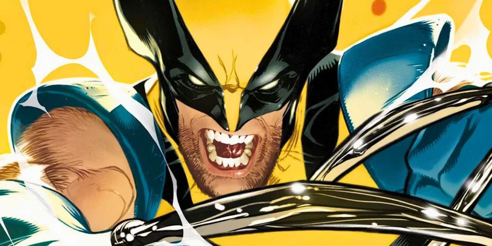 wolverine in his yellow and blue costume with claws bared