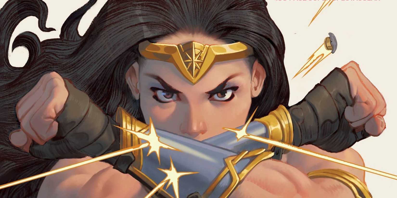 Wonder Woman cover art Diana braces as bullets fly