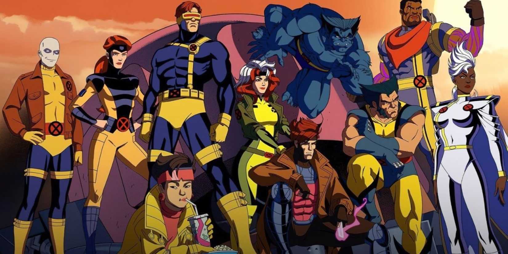 Equipe de X-Men 97 em frente a um céu laranja