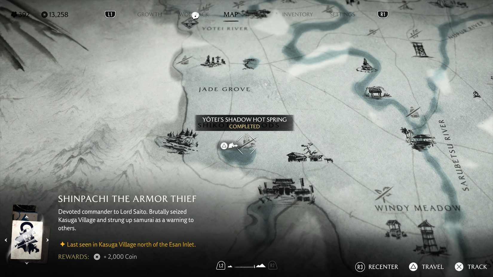 Map screen showing the location of Yotei's Shadow Hot Spring in Ghost of Yotei.