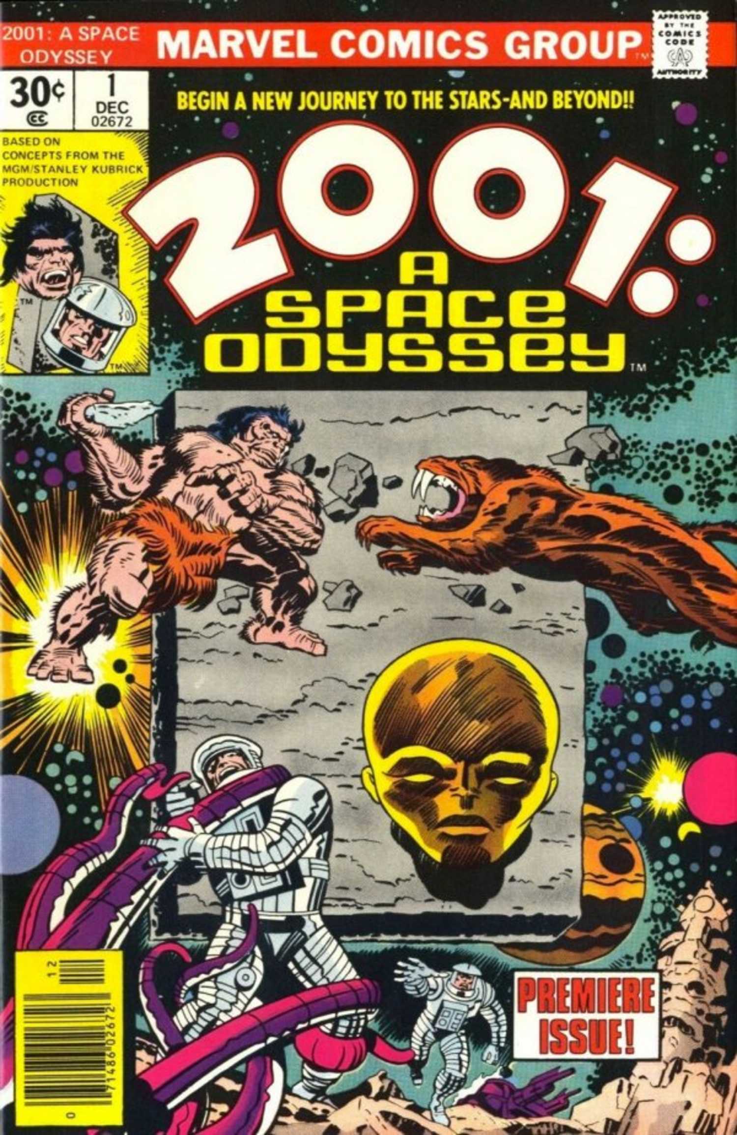 2001 A Space Odyssey Marvel adaptation cover, a man fighting a panther on the moon