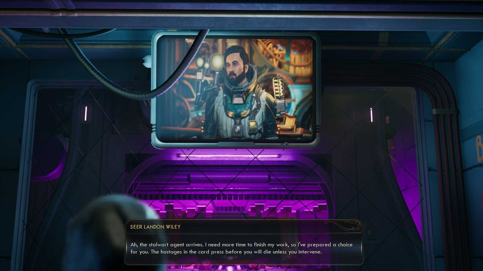 Seer Wiley presenting a choice to save or leave hostages in The Outer Worlds 2