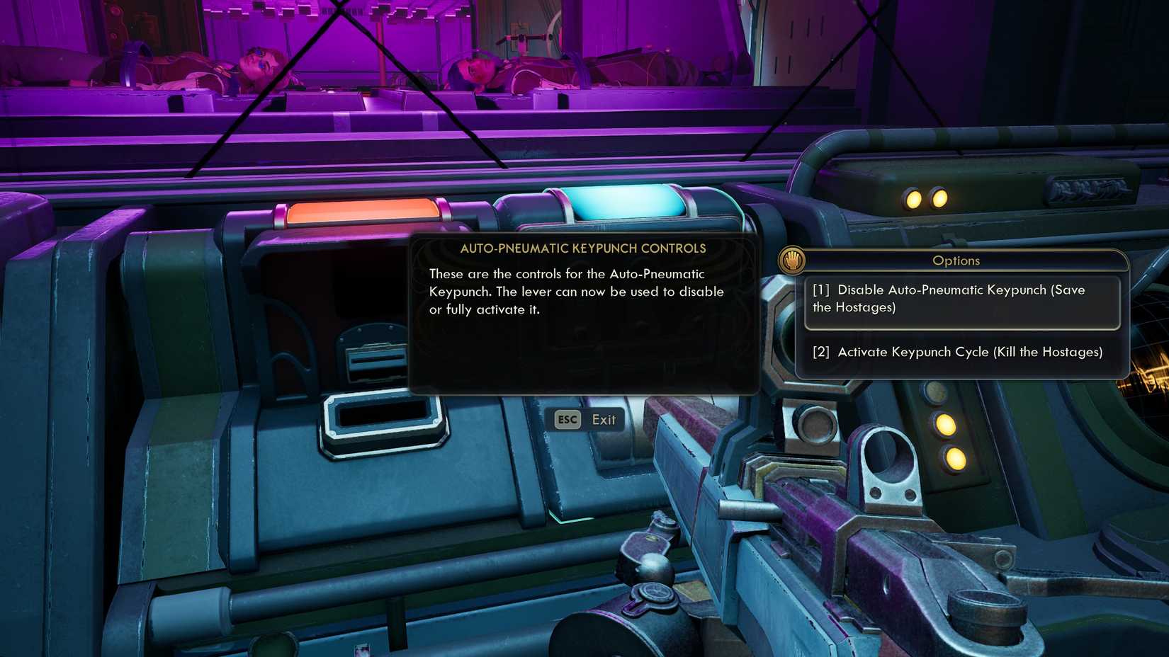 Choosing to Save the Hostages at an Outer Worlds 2 keypunch terminal.