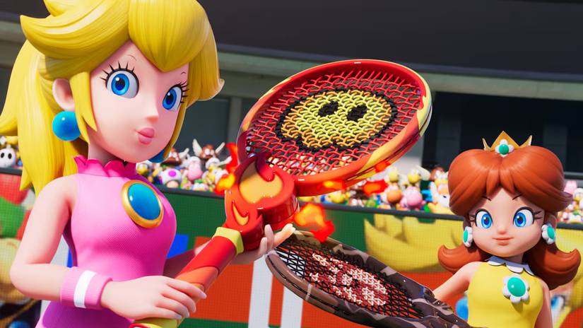 Super Mario Fever Tennis Daisy and Peach holding rackets