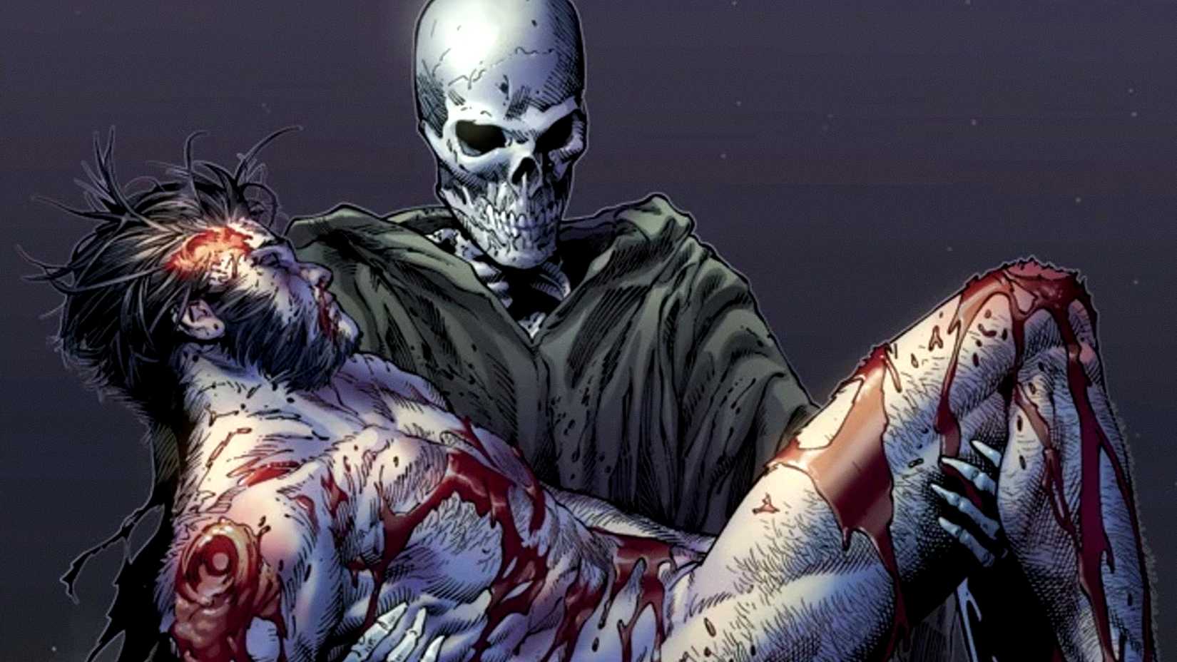 A cloaked skeleton resembling the Grim Reaper holds Logan's dead body in Death of Wolverine cover