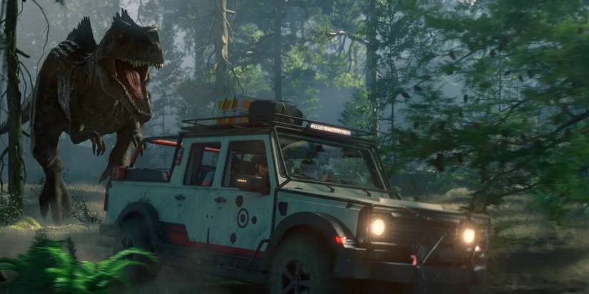 Um dinossauro persegue um carro com o Nublar Six em Jurassic World: Chaos Theory temporada 4