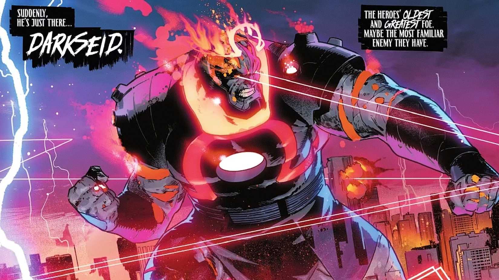 A giant Darkseid arrives on Earth and destroys a city with his Omega Beams in DC KO #1