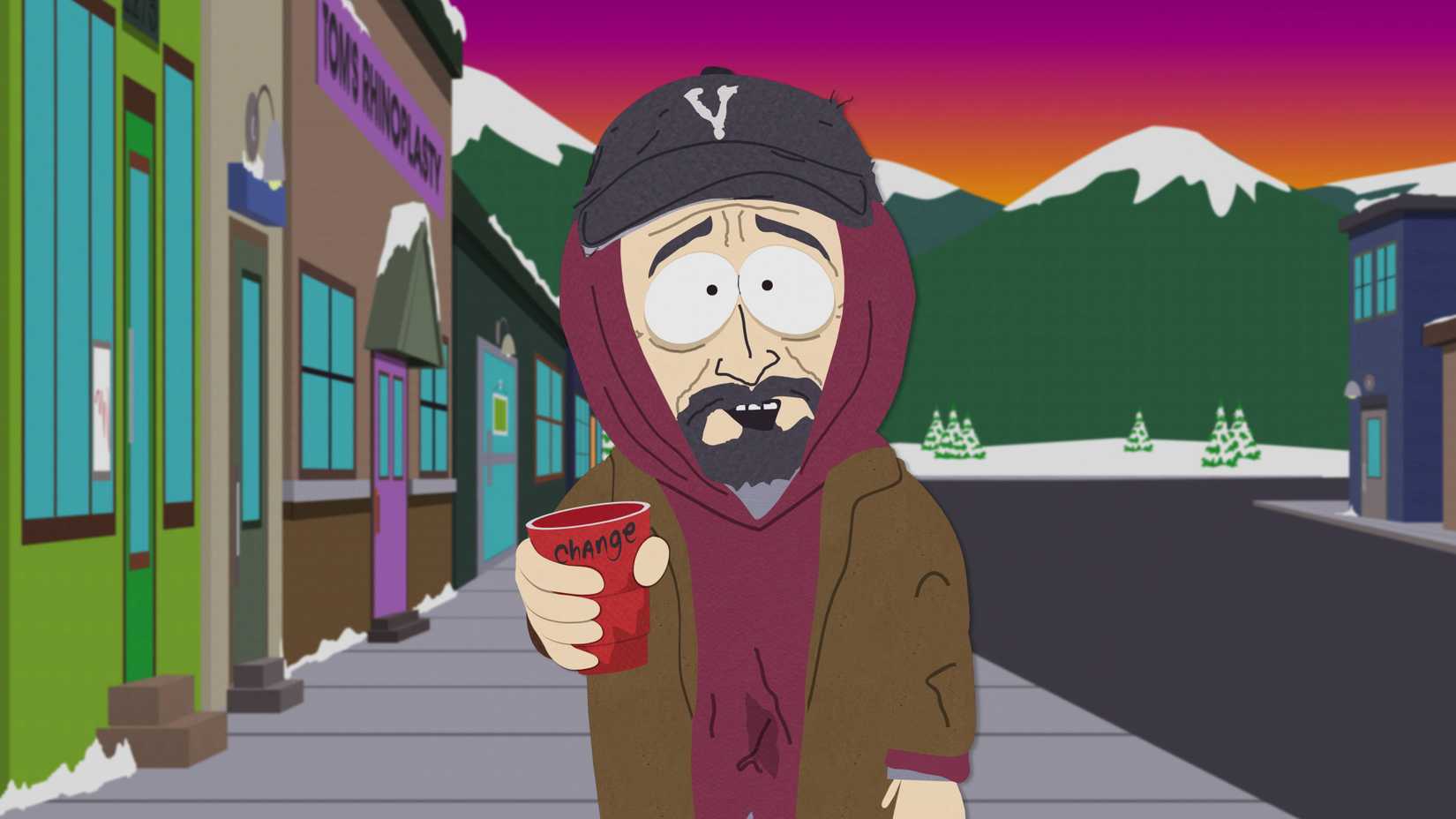 a homeless guy asking for spare change in south park
