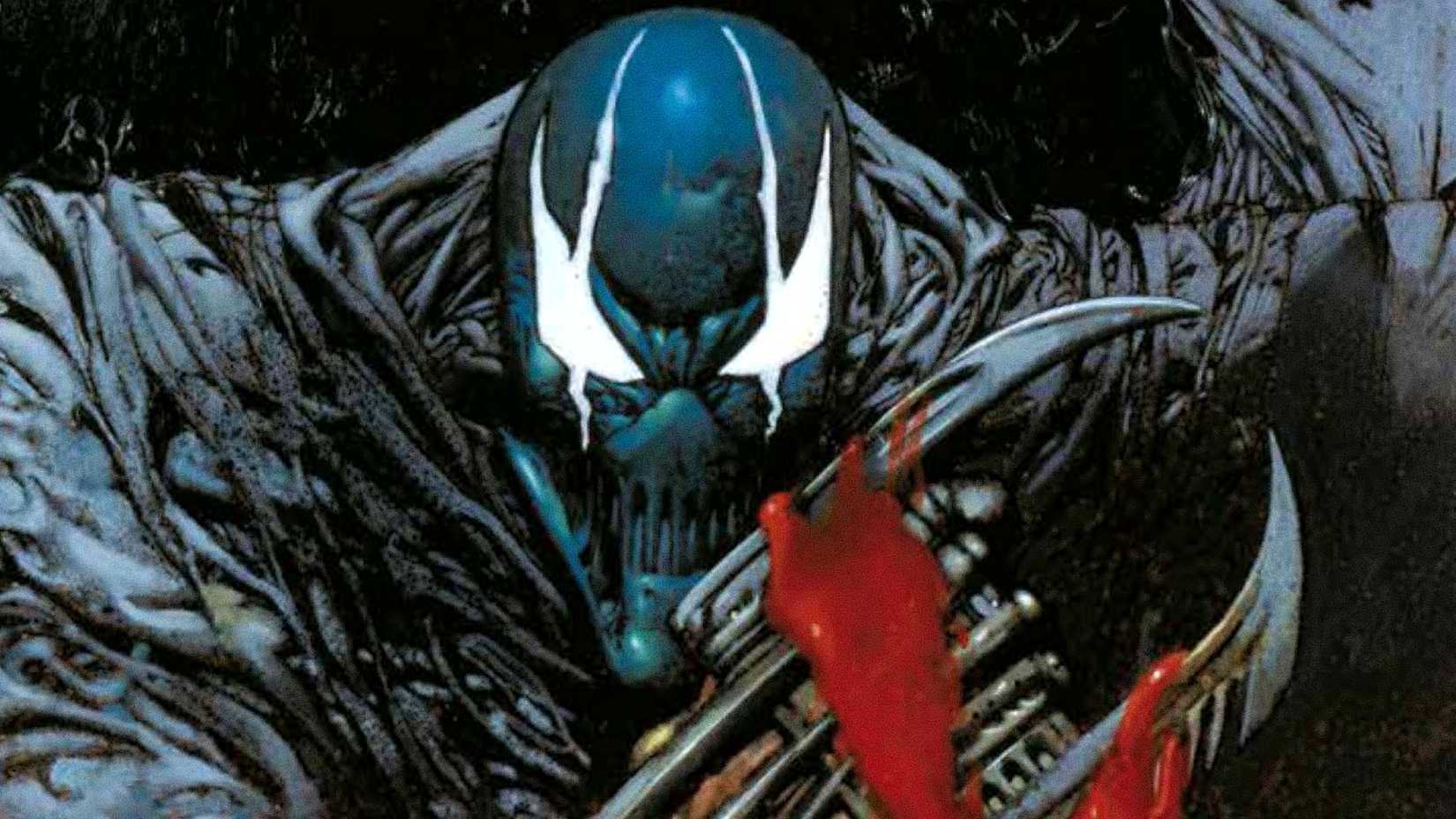 A masked anti-hero wields a blood-soaked weapon in Grendel comic cover