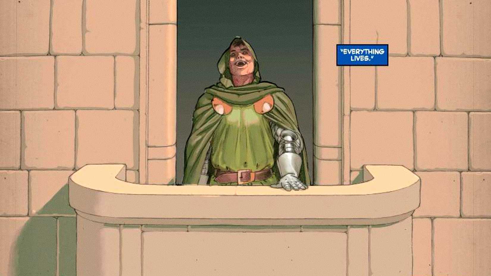 A maskless Doctor Doom laughs in his castle at the end of Secret Wars