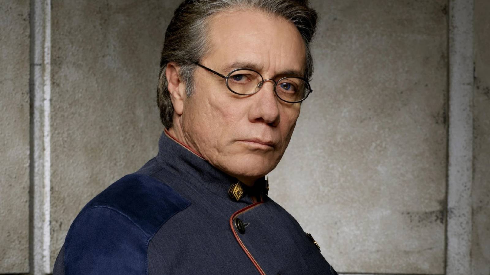 A promo shot of Edward James Olmos as William Adama in Battlestar Galactica