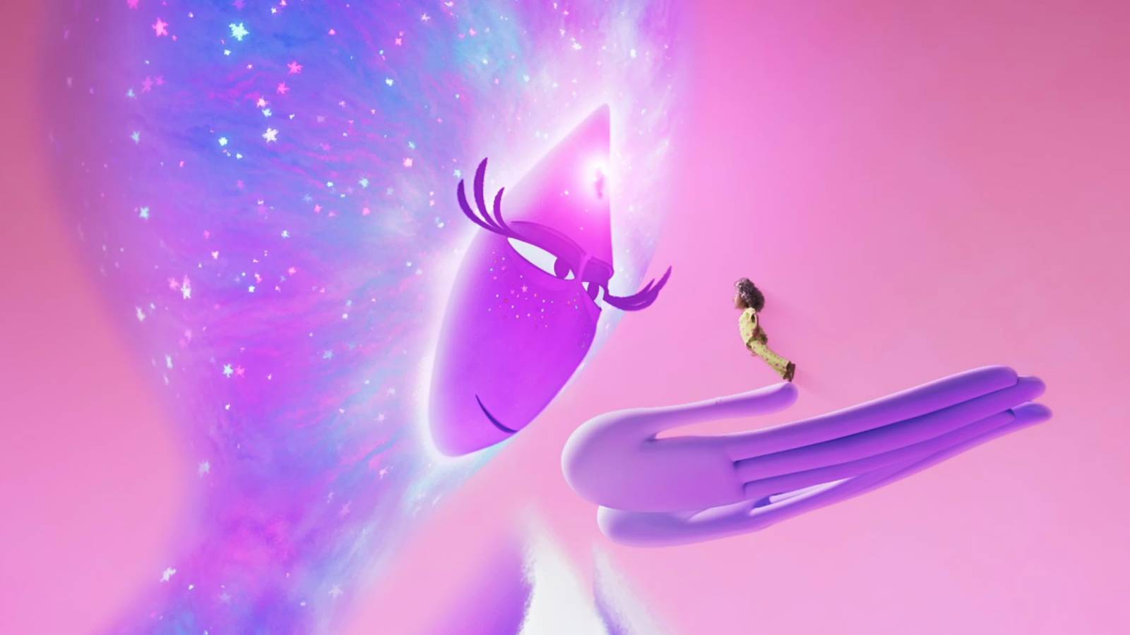 A purple entity lifts a young girl in its hand in Orion and the Dark