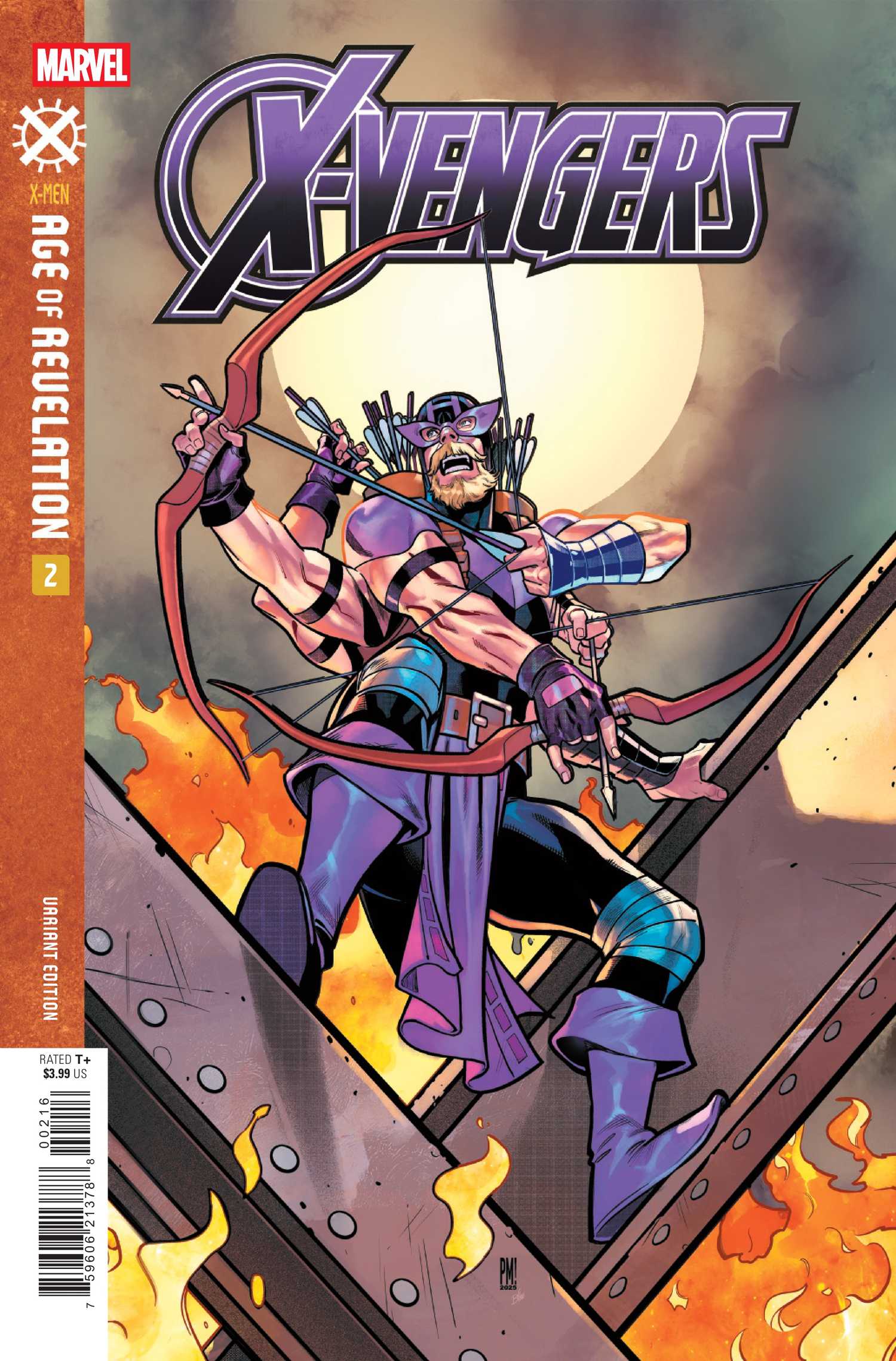 A six-armed Hawkeye aims two bows standing on metal beams in X-Vengers #2 cover