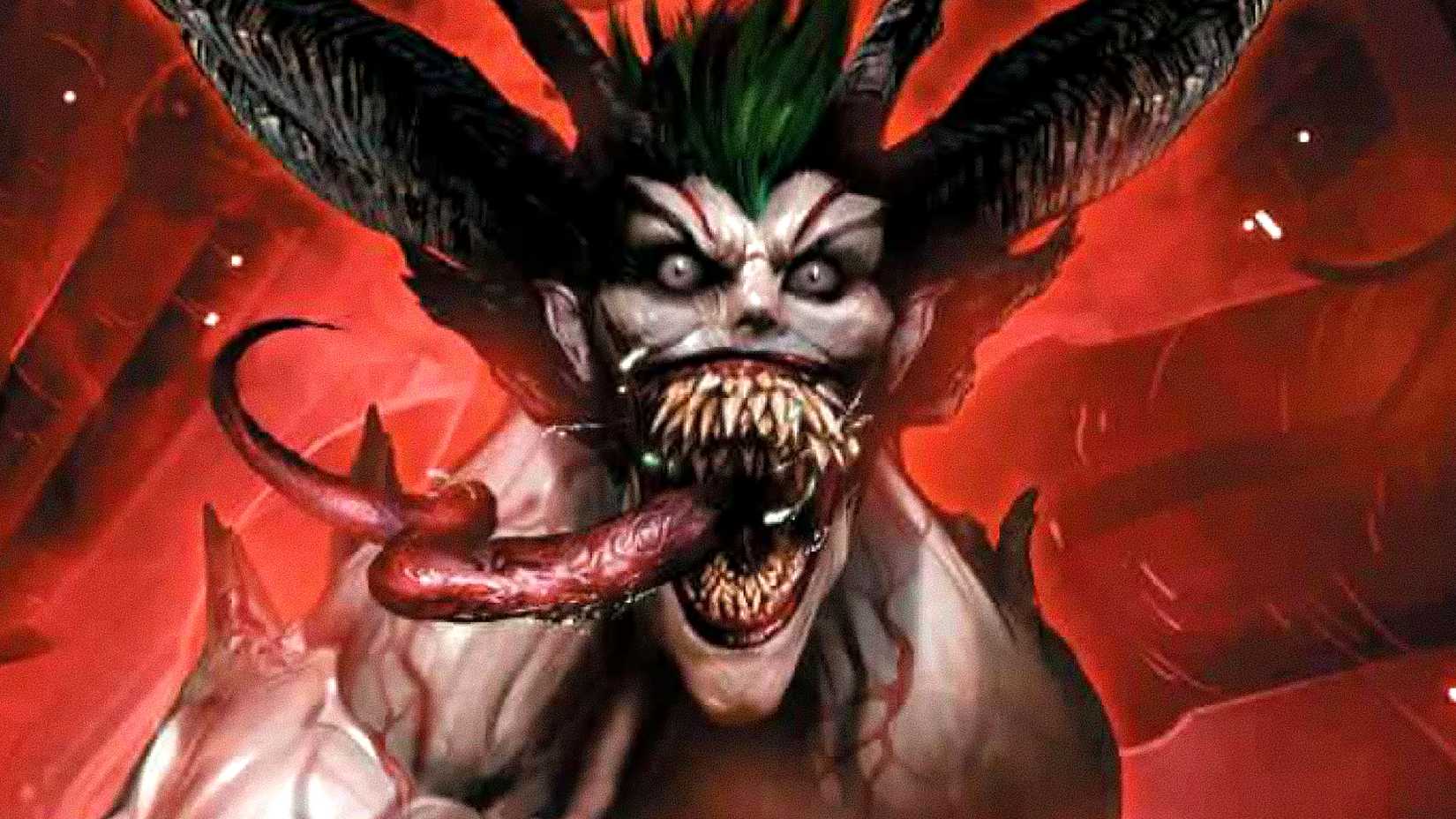 Absolute Joker opens his mouth to reveal sharp fangs and a long tongue in a hellish location